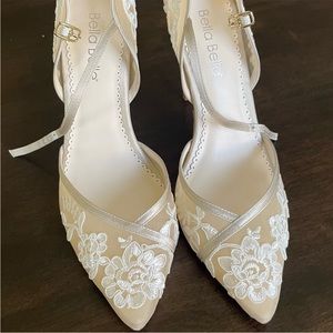 Bella Belle- Claudia. Nude mesh with ivory lace appliqué, 4 in heels.